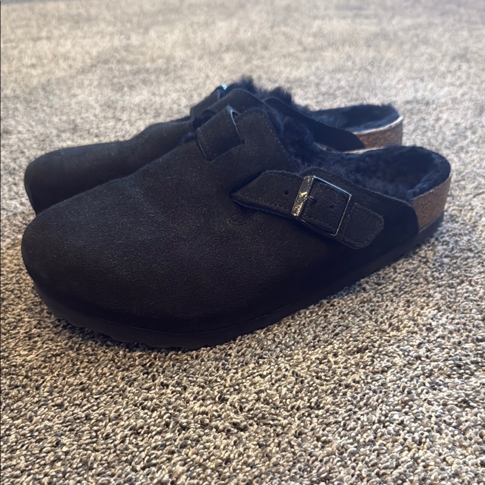 Birkenstock Black Suede Clogs with Faux Fur Lining
